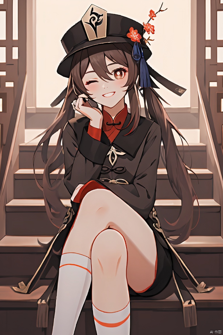 hu tao, masterpiece,best quality,1girl, solo, long hair, looking at viewer, smile, brown hair, red eyes, long sleeves, hat, hair between eyes, twintails, sitting, flower, one eye closed, shorts, socks, english text, symbol-shaped pupils, short shorts, chinese clothes, black shorts, crossed legs, white socks, black nails, happy birthday, chocolate, stairs, valentine, hu tao \(genshin impact\)