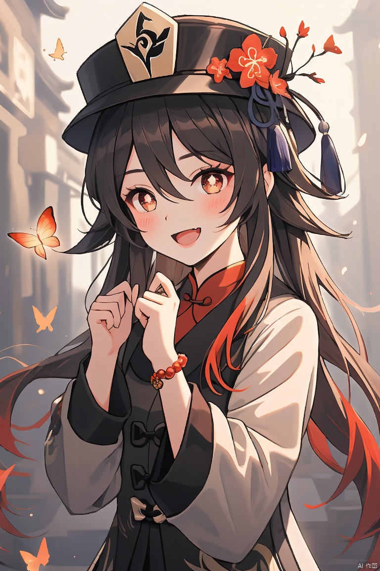 hu tao, 1girl, hu tao \(genshin impact\), hat, smile, flower, boo tao \(genshin impact\), jewelry, twintails, blush, bug, red eyes, butterfly, looking at viewer, long sleeves, open mouth, solo, hat flower, long hair, symbol-shaped pupils, bracelet, bead bracelet, black headwear, beads, brown hair, ghost, hair between eyes, bangs, :d, flower-shaped pupils, coat, multicolored hair, plum blossoms, very long hair, upper body, gradient hair, brown coat, hands up, blurry background, hair flaps, red flower, chinese clothes, shirt, red shirt, blurry, wide sleeves, fang