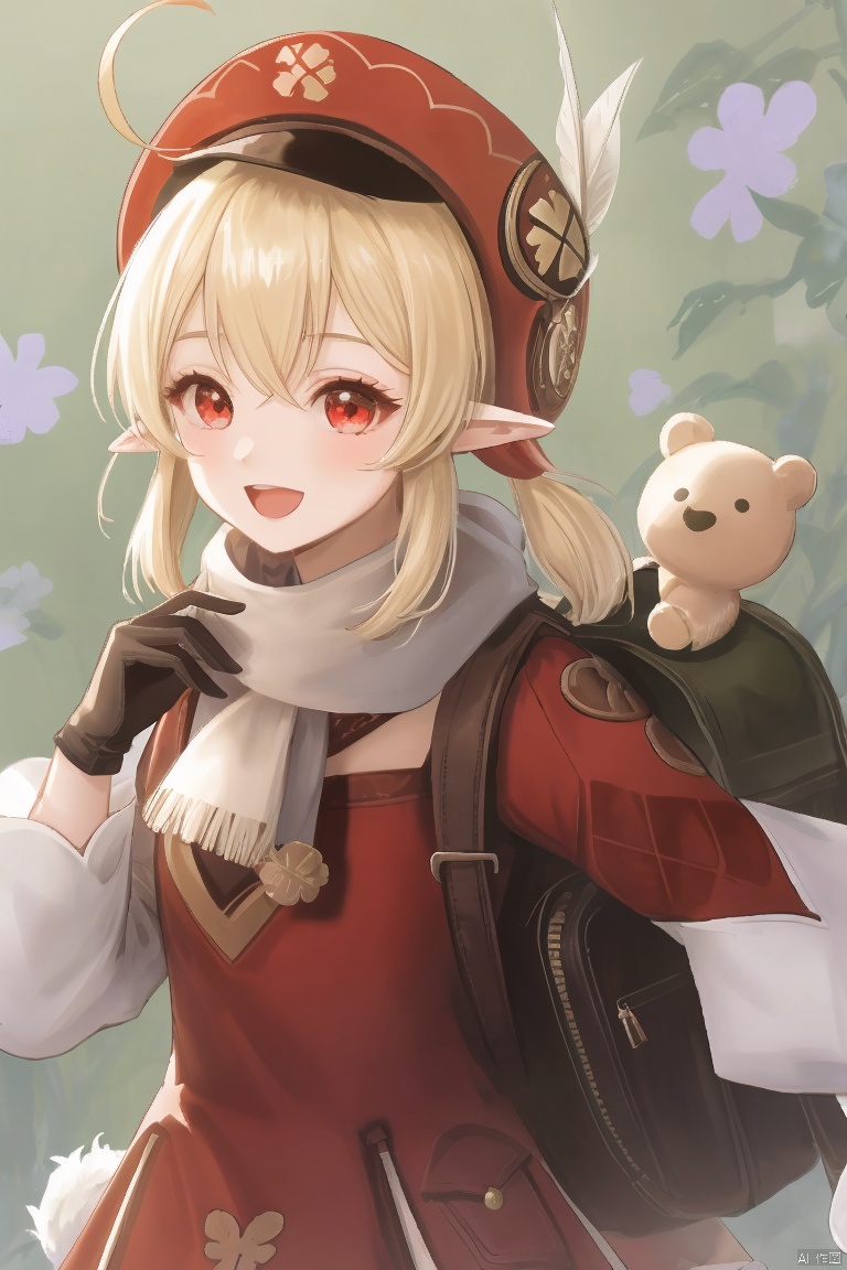  masterpiece,best quality,1girl, solo, long hair, smile, open mouth, bangs, blonde hair, red eyes, gloves, long sleeves, hat, hair between eyes, twintails, ahoge, :d, pointy ears, bag, scarf, low twintails, red dress, backpack, red headwear, brown gloves, cabbie hat, hat feather, clover, klee \(genshin impact\), dodoco \(genshin impact\)