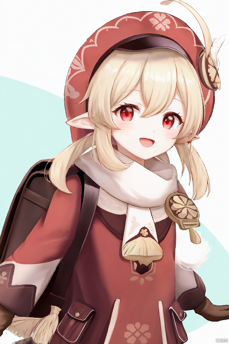  masterpiece,best quality,1girl, solo, long hair, smile, open mouth, bangs, blonde hair, red eyes, gloves, long sleeves, hat, hair between eyes, twintails, ahoge, :d, pointy ears, bag, scarf, low twintails, red dress, backpack, red headwear, brown gloves, cabbie hat, hat feather, clover, klee \(genshin impact\), dodoco \(genshin impact\)