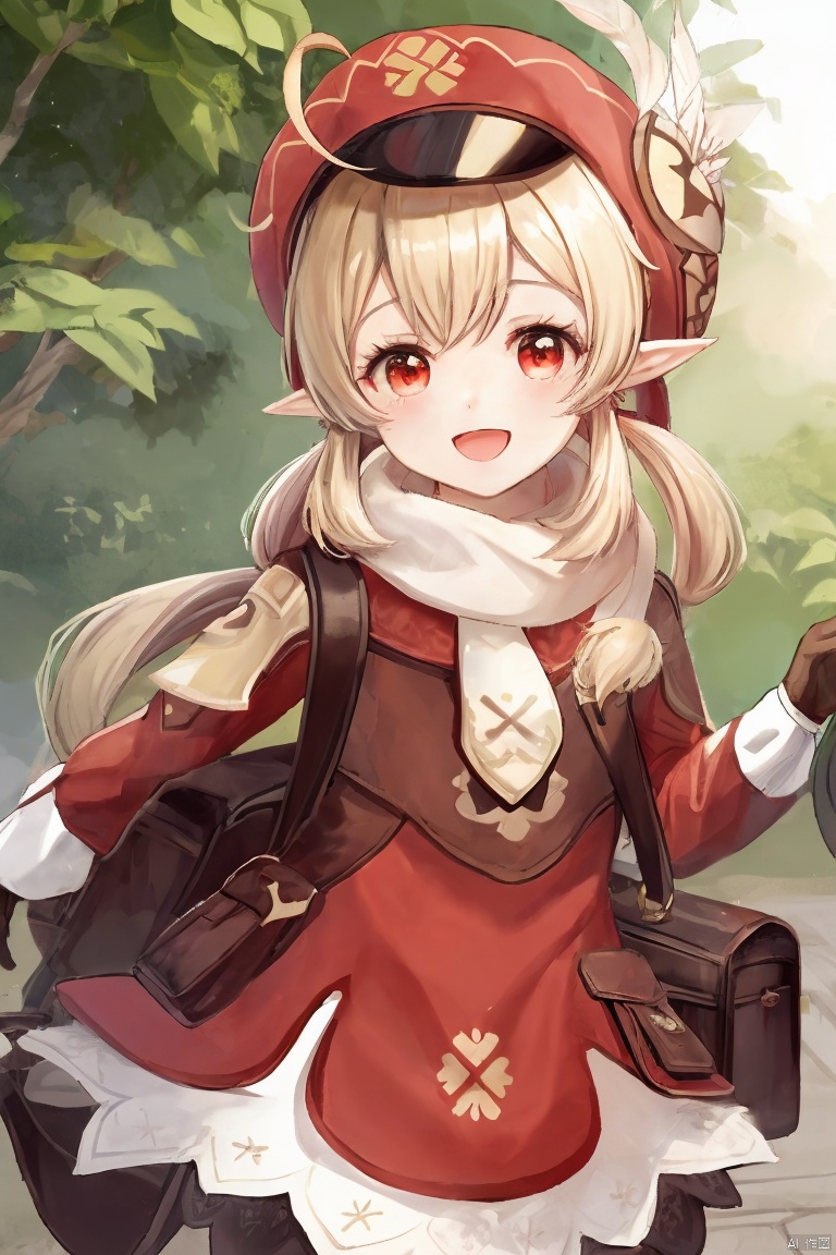  masterpiece,best quality,1girl, solo, long hair, smile, open mouth, bangs, blonde hair, red eyes, gloves, long sleeves, hat, hair between eyes, twintails, ahoge, :d, pointy ears, bag, scarf, low twintails, red dress, backpack, red headwear, brown gloves, cabbie hat, hat feather, clover, klee \(genshin impact\), dodoco \(genshin impact\)
