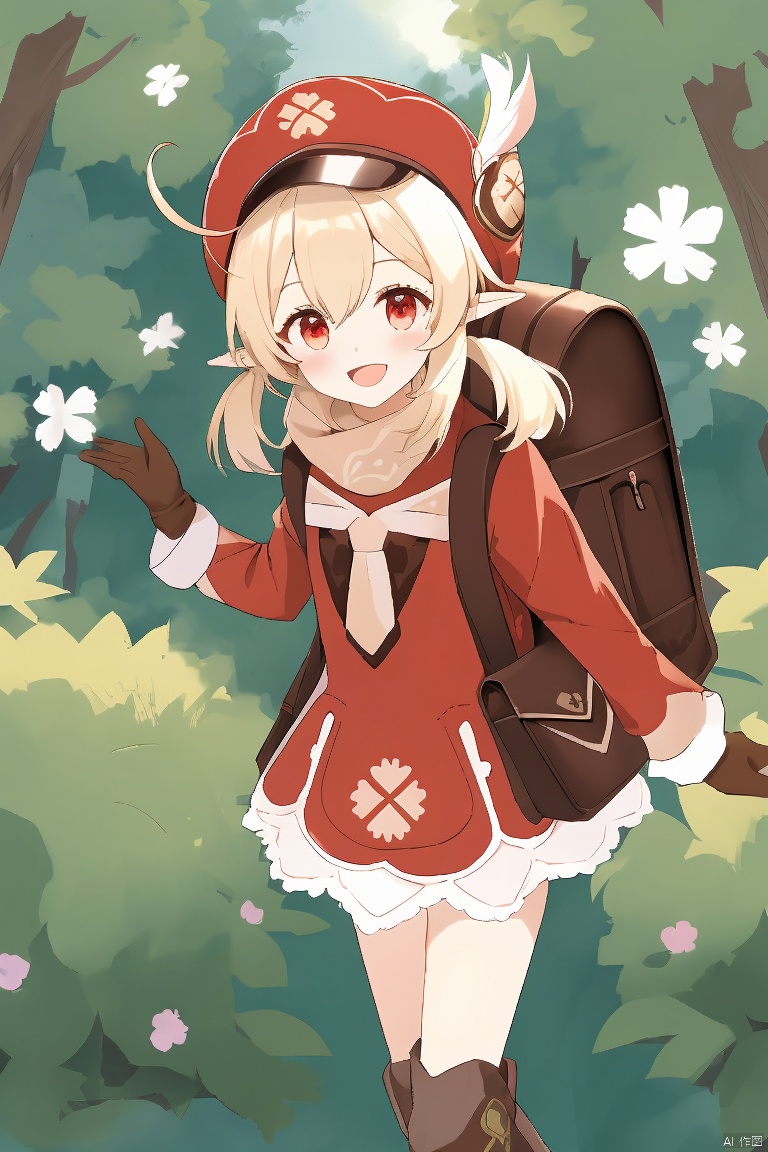  masterpiece,best quality,1girl, solo, long hair, smile, open mouth, bangs, blonde hair, red eyes, gloves, long sleeves, hat, hair between eyes, twintails, ahoge, :d, pointy ears, bag, scarf, low twintails, red dress, backpack, red headwear, brown gloves, cabbie hat, hat feather, clover, klee \(genshin impact\), dodoco \(genshin impact\)