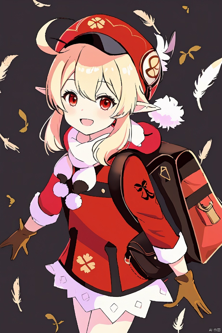  masterpiece,best quality,1girl, solo, long hair, smile, open mouth, bangs, blonde hair, red eyes, gloves, long sleeves, hat, hair between eyes, twintails, ahoge, :d, pointy ears, bag, scarf, low twintails, red dress, backpack, red headwear, brown gloves, cabbie hat, hat feather, clover, klee \(genshin impact\), dodoco \(genshin impact\)
