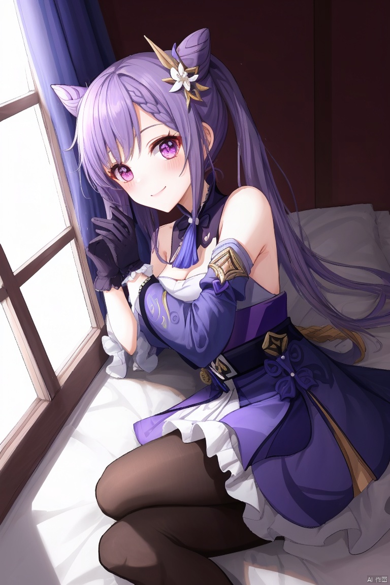 keqing, masterpiece,best quality,1girl, solo, long hair, breasts, looking at viewer, blush, smile, bangs, hair ornament, gloves, dress, bare shoulders, twintails, purple eyes, purple hair, braid, pantyhose, lying, frills, detached sleeves, indoors, hair bun, black pantyhose, window, double bun, on side, frilled dress, curtains, purple dress, cone hair bun, purple gloves, keqing \(genshin impact\)