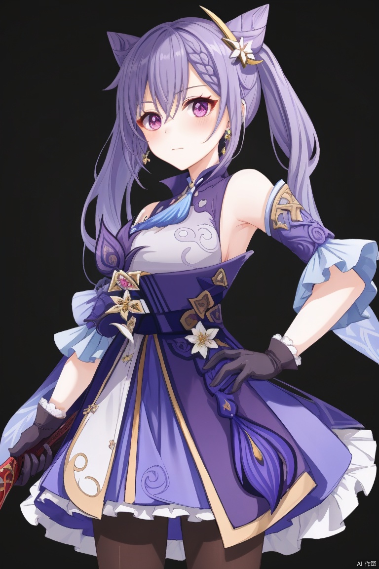 keqing, 1girl, solo, keqing \(genshin impact\), purple hair, twintails, pantyhose, hair bun, gloves, weapon, white background, looking at viewer, cone hair bun, long hair, brown pantyhose, hair ornament, purple eyes, holding, breasts, hand on hip, dress, sword, simple background, bare shoulders, detached sleeves, holding weapon, bangs, medium breasts, closed mouth, purple dress, frills, holding sword, braid, blush, cowboy shot, very long hair, hair between eyes, earrings, standing, flower, jewelry, armpits, frilled dress, sleeveless, black pantyhose, purple gloves
