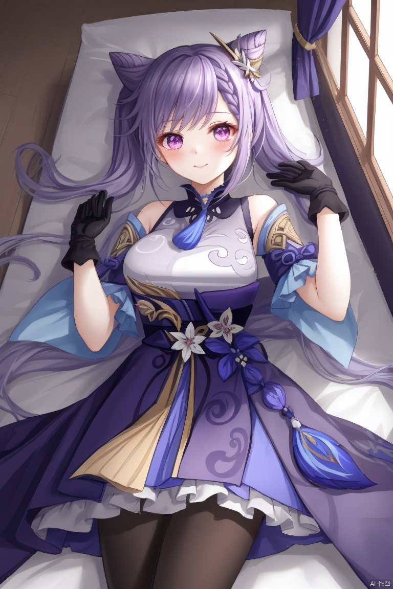 keqing, masterpiece,best quality,1girl, solo, long hair, breasts, looking at viewer, blush, smile, bangs, hair ornament, gloves, dress, bare shoulders, twintails, purple eyes, purple hair, braid, pantyhose, lying, frills, detached sleeves, indoors, hair bun, black pantyhose, window, double bun, on side, frilled dress, curtains, purple dress, cone hair bun, purple gloves, keqing \(genshin impact\)