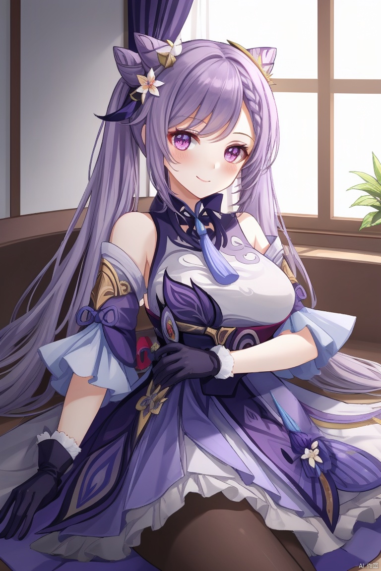keqing, masterpiece,best quality,1girl, solo, long hair, breasts, looking at viewer, blush, smile, bangs, hair ornament, gloves, dress, bare shoulders, twintails, purple eyes, purple hair, braid, pantyhose, lying, frills, detached sleeves, indoors, hair bun, black pantyhose, window, double bun, on side, frilled dress, curtains, purple dress, cone hair bun, purple gloves, keqing \(genshin impact\)
