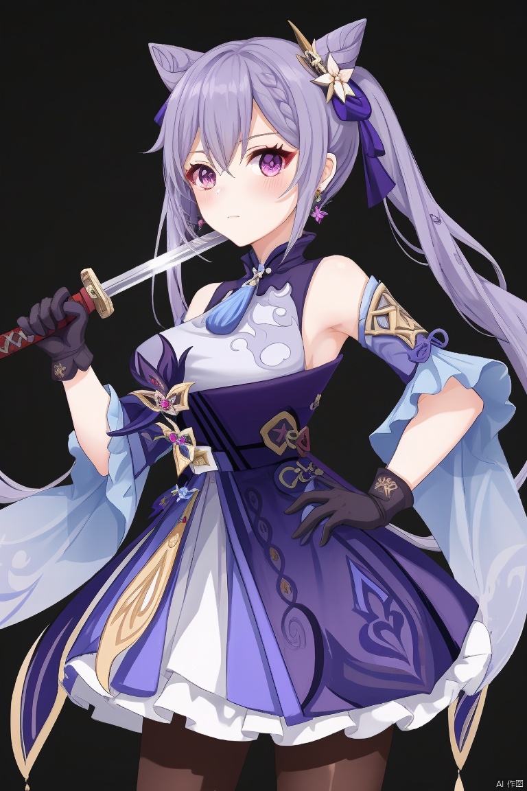 keqing, 1girl, solo, keqing \(genshin impact\), purple hair, twintails, pantyhose, hair bun, gloves, weapon, white background, looking at viewer, cone hair bun, long hair, brown pantyhose, hair ornament, purple eyes, holding, breasts, hand on hip, dress, sword, simple background, bare shoulders, detached sleeves, holding weapon, bangs, medium breasts, closed mouth, purple dress, frills, holding sword, braid, blush, cowboy shot, very long hair, hair between eyes, earrings, standing, flower, jewelry, armpits, frilled dress, sleeveless, black pantyhose, purple gloves
