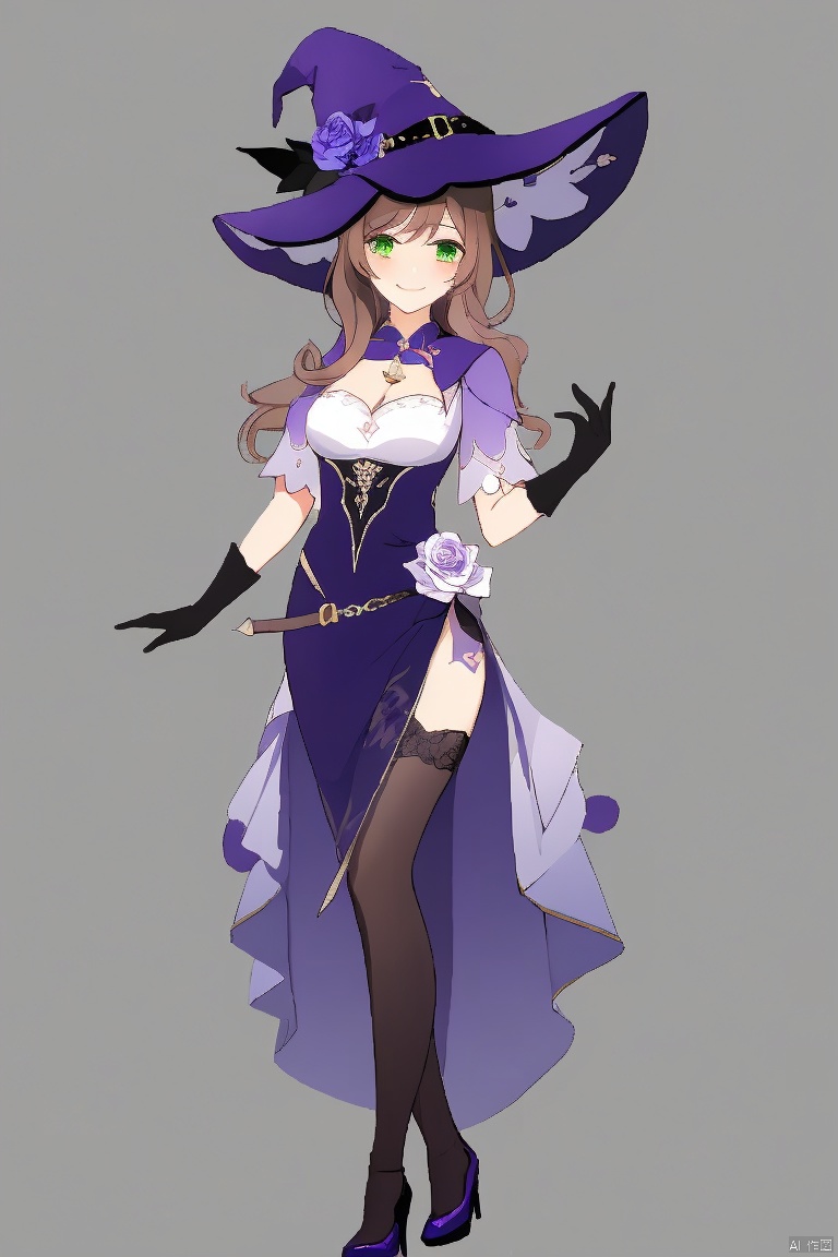  masterpiece,best quality,1girl, solo, long hair, breasts, smile, simple background, brown hair, hair ornament, thighhighs, gloves, hat, dress, cleavage, green eyes, full body, flower, black gloves, black thighhighs, high heels, book, witch hat, rose, open book, purple flower, witch, purple headwear, lisa \(genshin impact\)