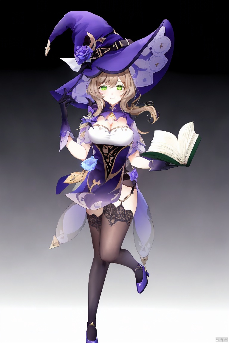  masterpiece,best quality,1girl, solo, long hair, breasts, smile, simple background, brown hair, hair ornament, thighhighs, gloves, hat, dress, cleavage, green eyes, full body, flower, black gloves, black thighhighs, high heels, book, witch hat, rose, open book, purple flower, witch, purple headwear, lisa \(genshin impact\)