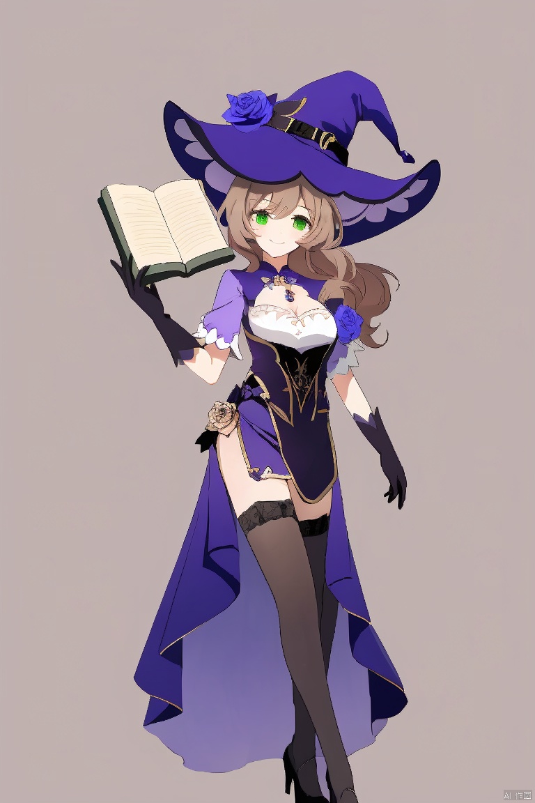  masterpiece,best quality,1girl, solo, long hair, breasts, smile, simple background, brown hair, hair ornament, thighhighs, gloves, hat, dress, cleavage, green eyes, full body, flower, black gloves, black thighhighs, high heels, book, witch hat, rose, open book, purple flower, witch, purple headwear, lisa \(genshin impact\)