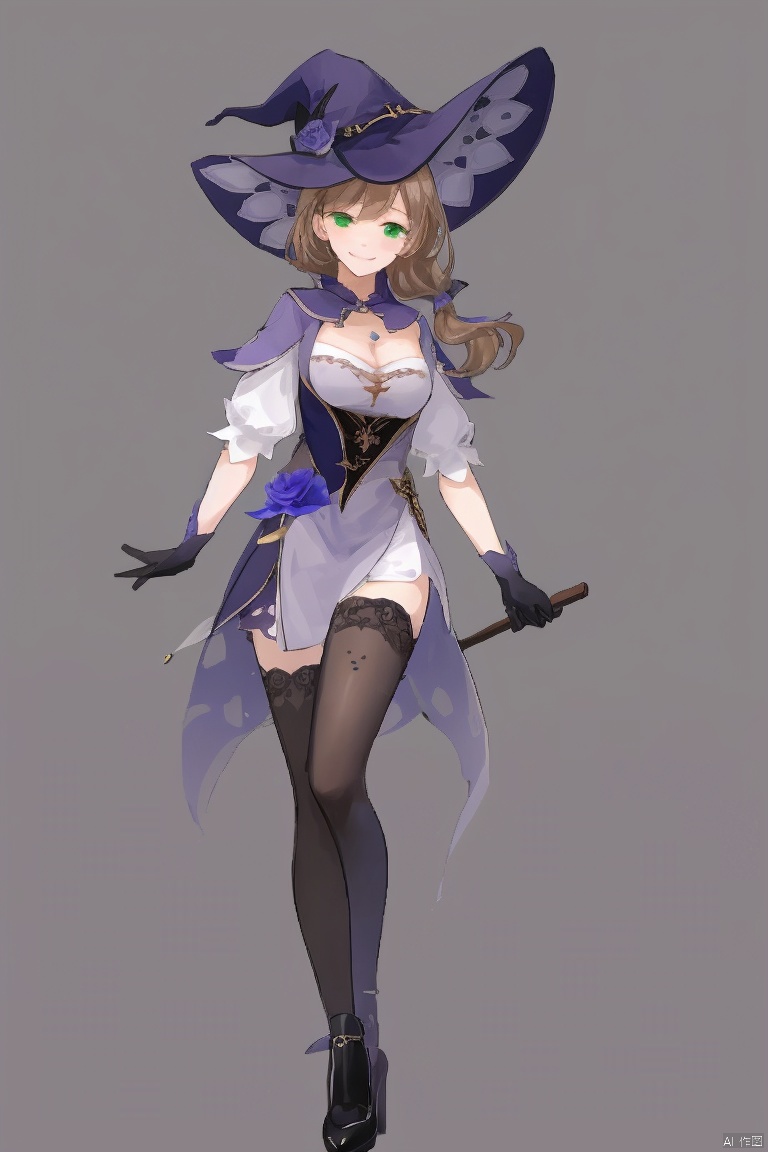  masterpiece,best quality,1girl, solo, long hair, breasts, smile, simple background, brown hair, hair ornament, thighhighs, gloves, hat, dress, cleavage, green eyes, full body, flower, black gloves, black thighhighs, high heels, book, witch hat, rose, open book, purple flower, witch, purple headwear, lisa \(genshin impact\)