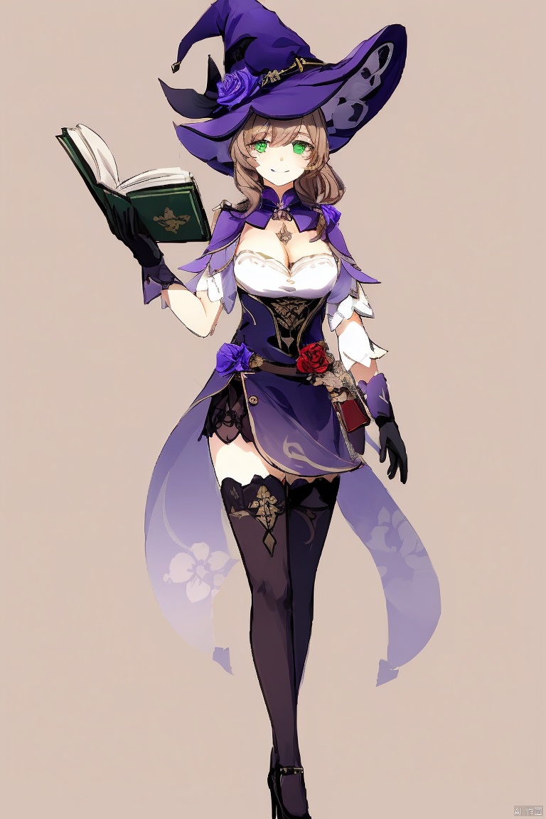  masterpiece,best quality,1girl, solo, long hair, breasts, smile, simple background, brown hair, hair ornament, thighhighs, gloves, hat, dress, cleavage, green eyes, full body, flower, black gloves, black thighhighs, high heels, book, witch hat, rose, open book, purple flower, witch, purple headwear, lisa \(genshin impact\)