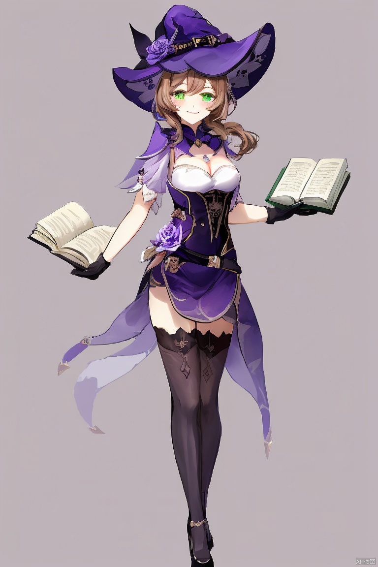  masterpiece,best quality,1girl, solo, long hair, breasts, smile, simple background, brown hair, hair ornament, thighhighs, gloves, hat, dress, cleavage, green eyes, full body, flower, black gloves, black thighhighs, high heels, book, witch hat, rose, open book, purple flower, witch, purple headwear, lisa \(genshin impact\)