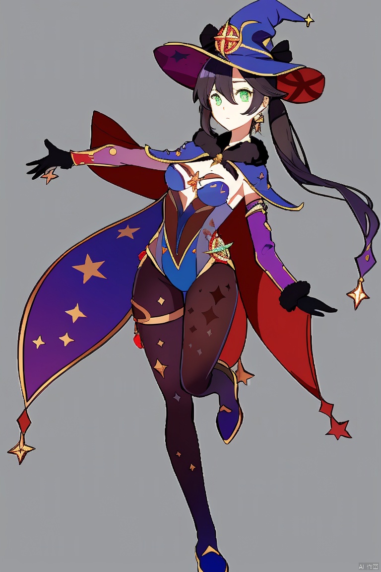  masterpiece,best quality,1girl, solo, long hair, breasts, looking at viewer, bangs, simple background, black hair, gloves, hat, white background, hair between eyes, twintails, jewelry, medium breasts, closed mouth, green eyes, standing, full body, pantyhose, earrings, detached sleeves, black gloves, cape, leotard, black pantyhose, witch hat, standing on one leg, blue headwear, bodystocking, blue leotard, thighlet, purple headwear, mona \(genshin impact\)