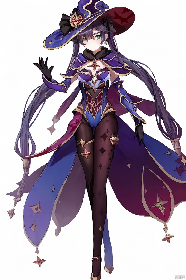  masterpiece,best quality,1girl, solo, long hair, breasts, looking at viewer, bangs, simple background, black hair, gloves, hat, white background, hair between eyes, twintails, jewelry, medium breasts, closed mouth, green eyes, standing, full body, pantyhose, earrings, detached sleeves, black gloves, cape, leotard, black pantyhose, witch hat, standing on one leg, blue headwear, bodystocking, blue leotard, thighlet, purple headwear, mona \(genshin impact\)