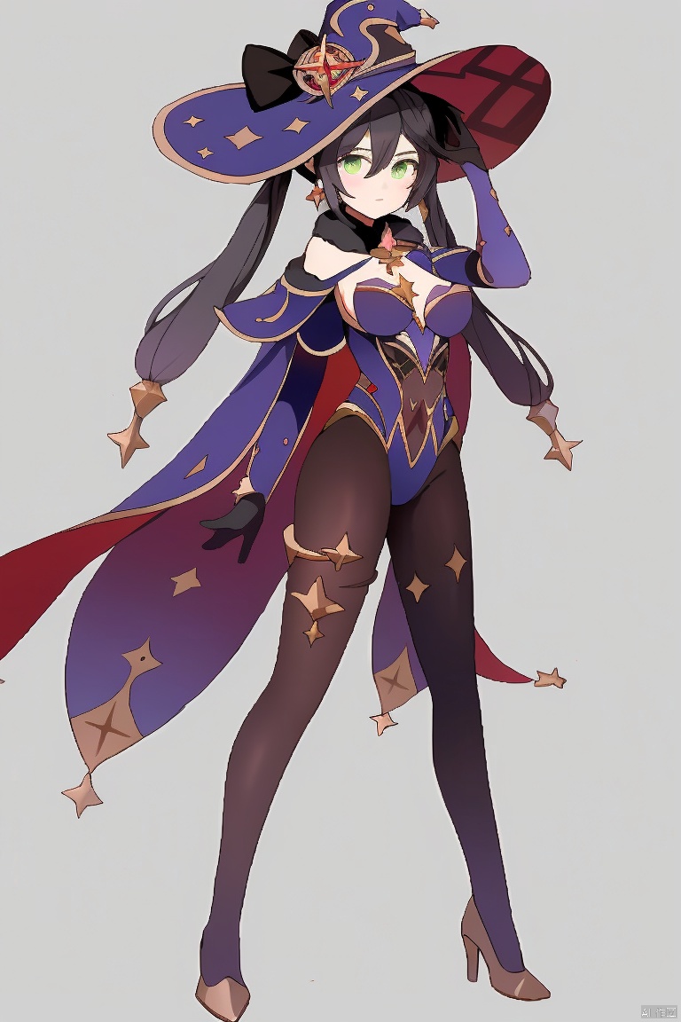  masterpiece,best quality,1girl, solo, long hair, breasts, looking at viewer, bangs, simple background, black hair, gloves, hat, white background, hair between eyes, twintails, jewelry, medium breasts, closed mouth, green eyes, standing, full body, pantyhose, earrings, detached sleeves, black gloves, cape, leotard, black pantyhose, witch hat, standing on one leg, blue headwear, bodystocking, blue leotard, thighlet, purple headwear, mona \(genshin impact\)