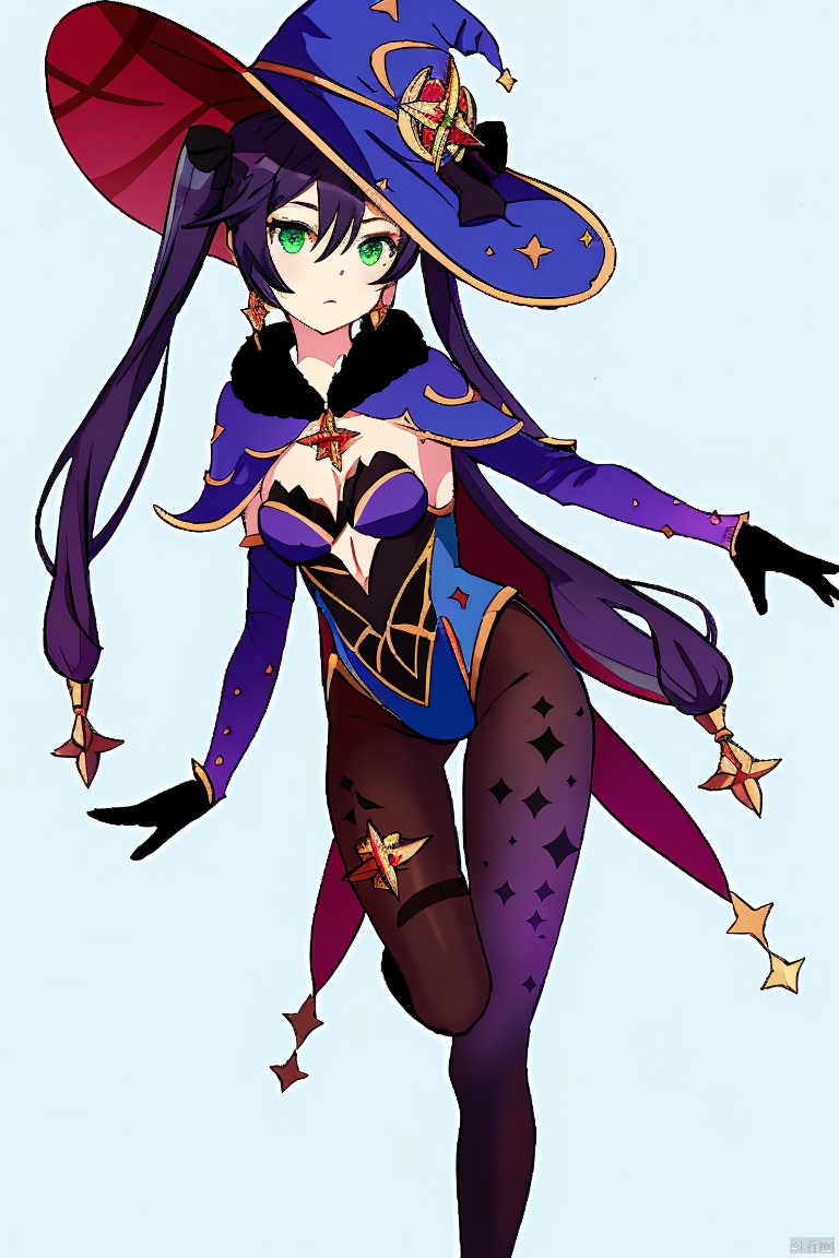  masterpiece,best quality,1girl, solo, long hair, breasts, looking at viewer, bangs, simple background, black hair, gloves, hat, white background, hair between eyes, twintails, jewelry, medium breasts, closed mouth, green eyes, standing, full body, pantyhose, earrings, detached sleeves, black gloves, cape, leotard, black pantyhose, witch hat, standing on one leg, blue headwear, bodystocking, blue leotard, thighlet, purple headwear, mona \(genshin impact\)