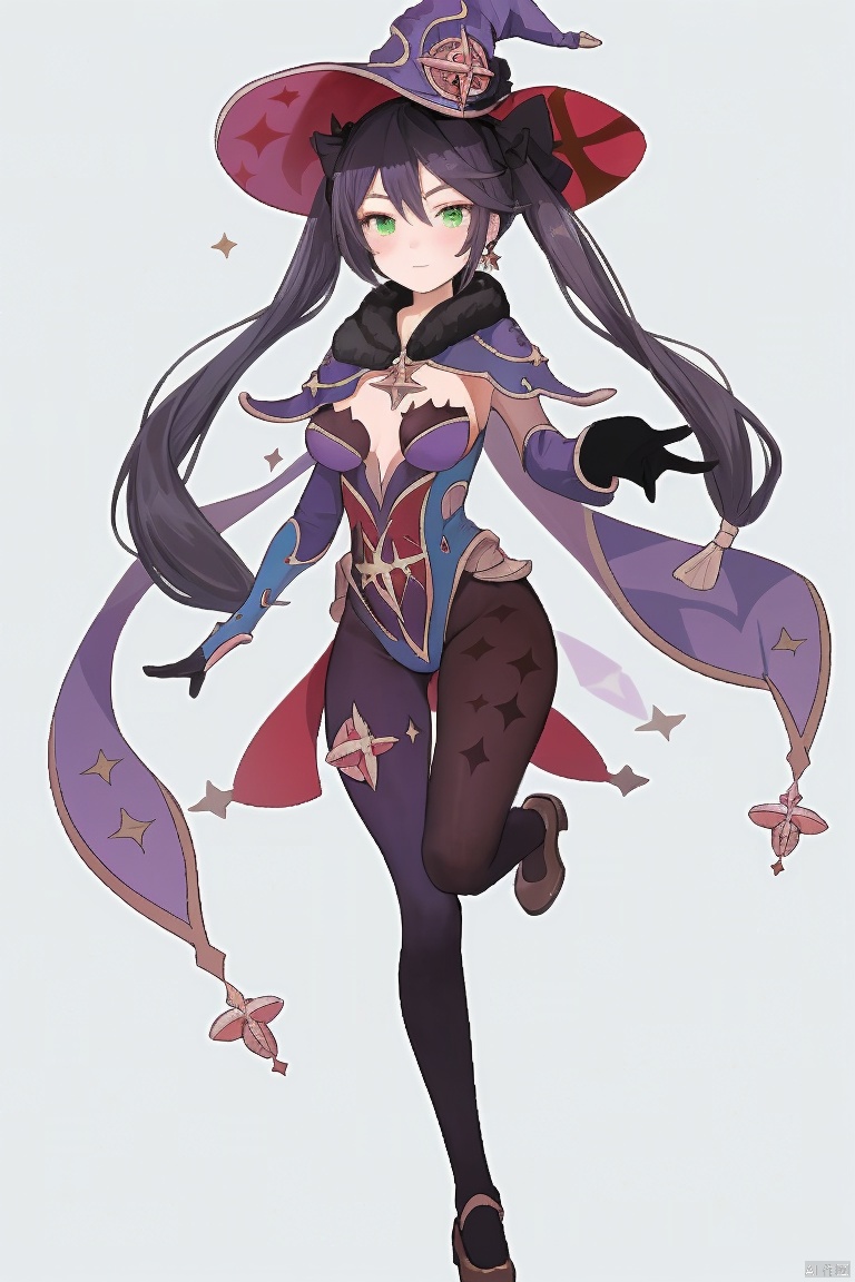  masterpiece,best quality,1girl, solo, long hair, breasts, looking at viewer, bangs, simple background, black hair, gloves, hat, white background, hair between eyes, twintails, jewelry, medium breasts, closed mouth, green eyes, standing, full body, pantyhose, earrings, detached sleeves, black gloves, cape, leotard, black pantyhose, witch hat, standing on one leg, blue headwear, bodystocking, blue leotard, thighlet, purple headwear, mona \(genshin impact\)