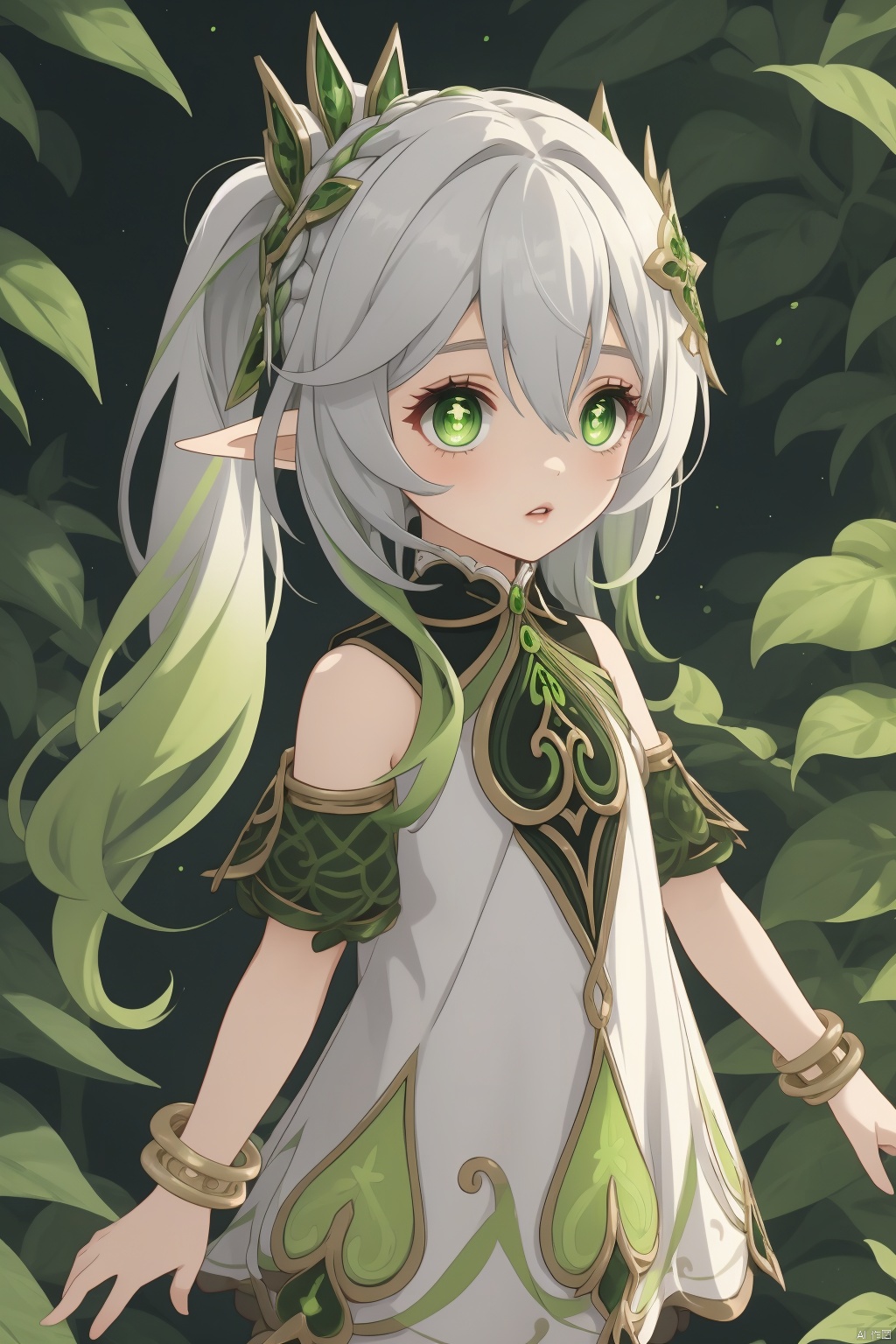 nahida, 1girl, nahida \(genshin impact\), green eyes, solo, pointy ears, dress, side ponytail, symbol-shaped pupils, white hair, hair ornament, white dress, bangs, jewelry, multicolored hair, female child, bracelet, long hair, cross-shaped pupils, green hair, gradient hair, detached sleeves, leaf hair ornament, parted lips, green cape, cape, hair between eyes, braid, short sleeves