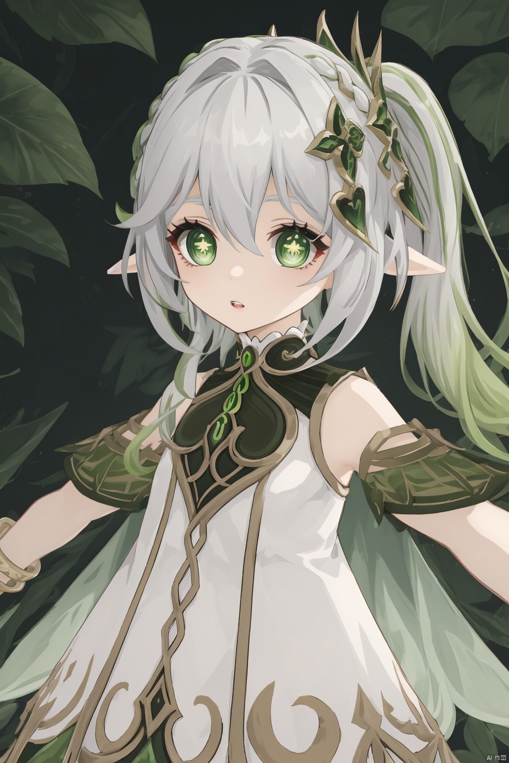 nahida, 1girl, nahida \(genshin impact\), green eyes, solo, pointy ears, dress, side ponytail, symbol-shaped pupils, white hair, hair ornament, white dress, bangs, jewelry, multicolored hair, female child, bracelet, long hair, cross-shaped pupils, green hair, gradient hair, detached sleeves, leaf hair ornament, parted lips, green cape, cape, hair between eyes, braid, short sleeves