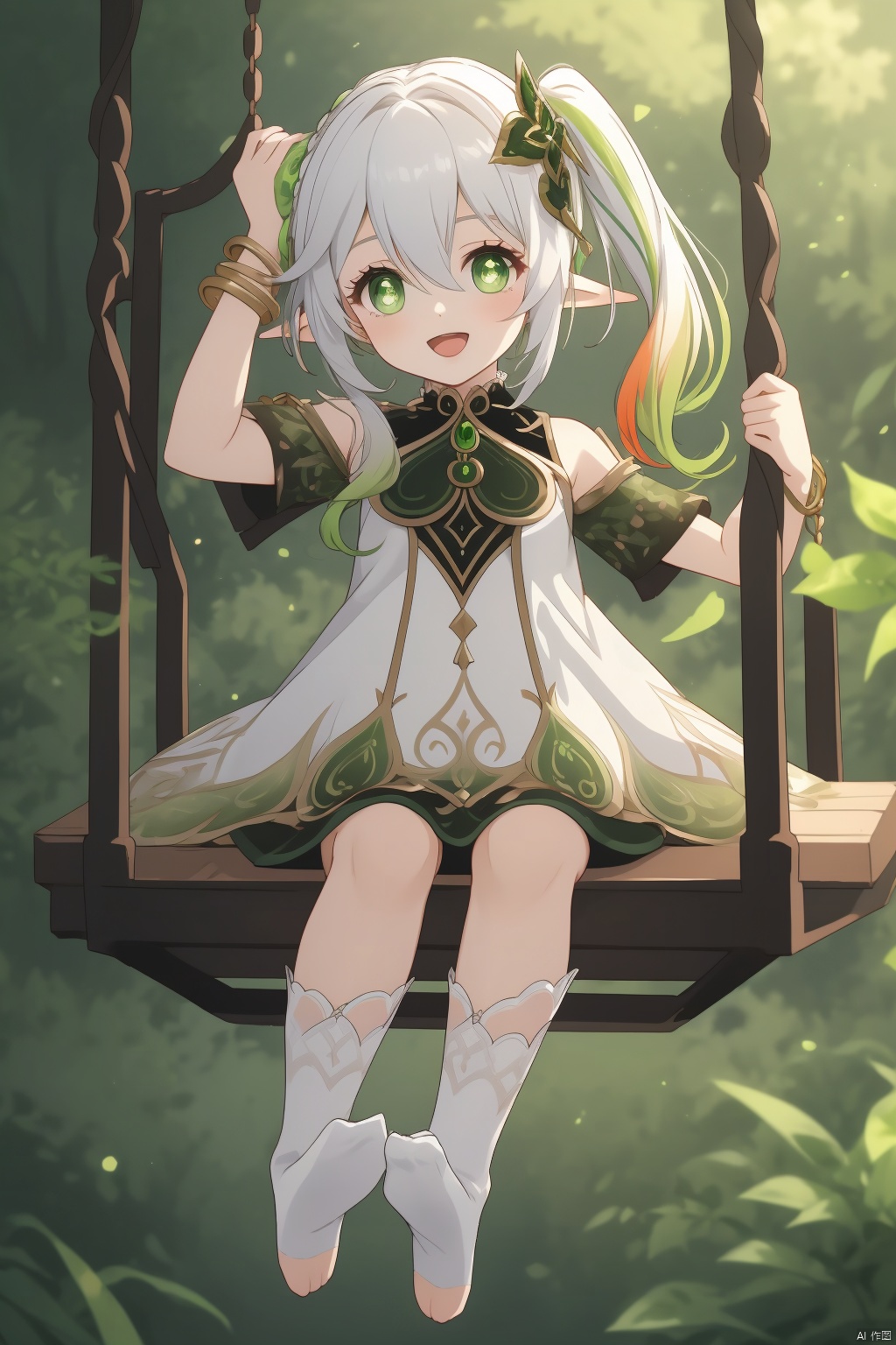 nahida, 1girl, nahida \(genshin impact\), stirrup legwear, green eyes, solo, smile, long hair, gradient hair, toeless legwear, dress, swing, pointy ears, side ponytail, :d, white dress, hair ornament, symbol-shaped pupils, white hair, bangs, detached sleeves, toes, multicolored hair, sidelocks, hair between eyes, flower, jewelry, bracelet, short sleeves, feet, nature, no shoes, soles, looking at viewer, socks, forest, open mouth, bloomers, depth of field, blurry, white socks, full body, sitting, cape, braid, underwear