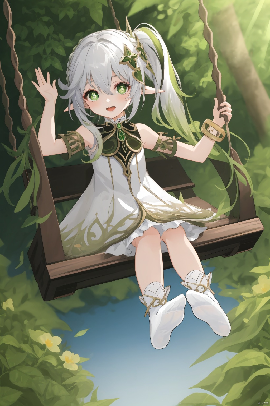 nahida, 1girl, nahida \(genshin impact\), stirrup legwear, green eyes, solo, smile, long hair, gradient hair, toeless legwear, dress, swing, pointy ears, side ponytail, :d, white dress, hair ornament, symbol-shaped pupils, white hair, bangs, detached sleeves, toes, multicolored hair, sidelocks, hair between eyes, flower, jewelry, bracelet, short sleeves, feet, nature, no shoes, soles, looking at viewer, socks, forest, open mouth, bloomers, depth of field, blurry, white socks, full body, sitting, cape, braid, underwear