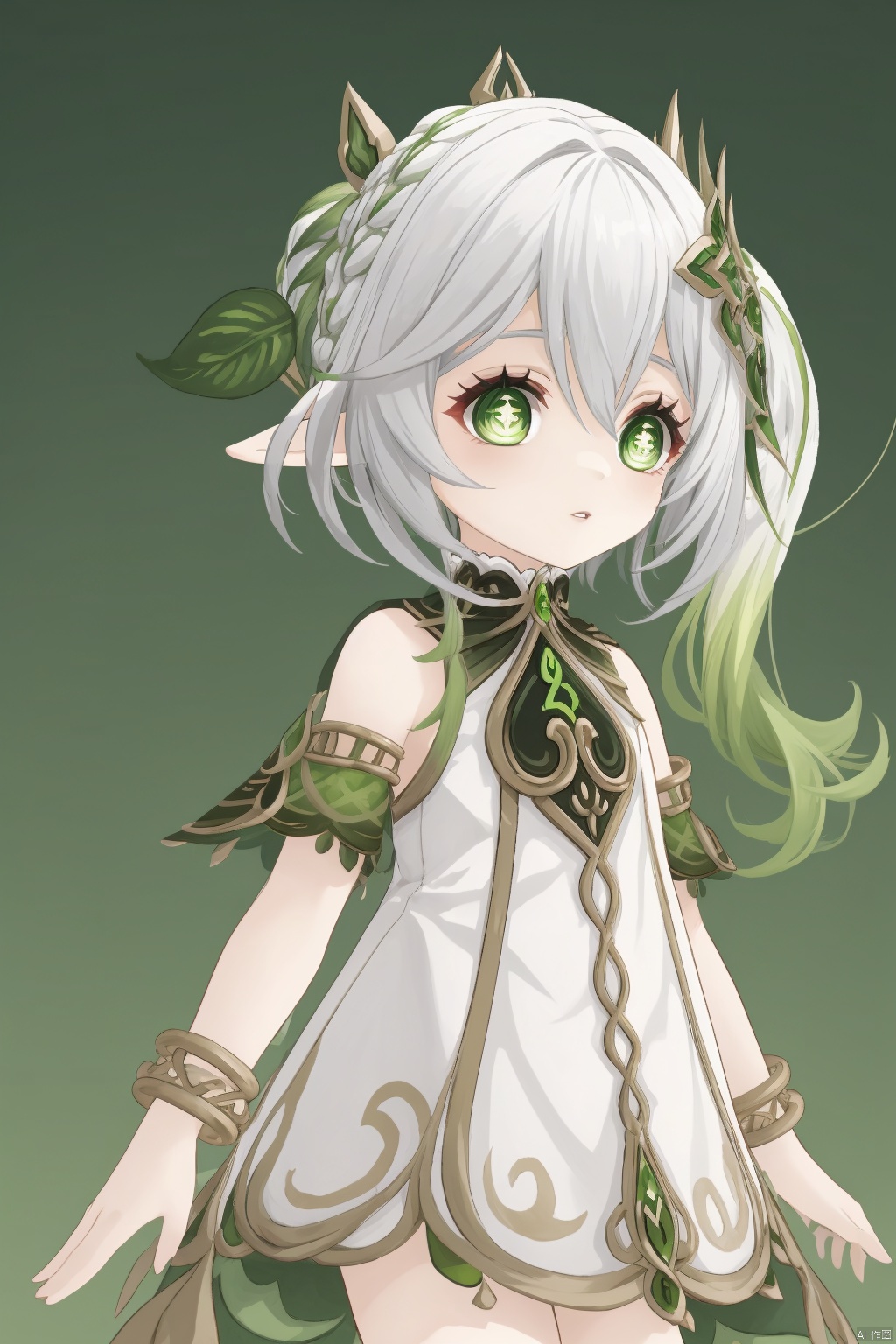 nahida, 1girl, nahida \(genshin impact\), green eyes, solo, pointy ears, dress, side ponytail, symbol-shaped pupils, white hair, hair ornament, white dress, bangs, jewelry, multicolored hair, female child, bracelet, long hair, cross-shaped pupils, green hair, gradient hair, detached sleeves, leaf hair ornament, parted lips, green cape, cape, hair between eyes, braid, short sleeves