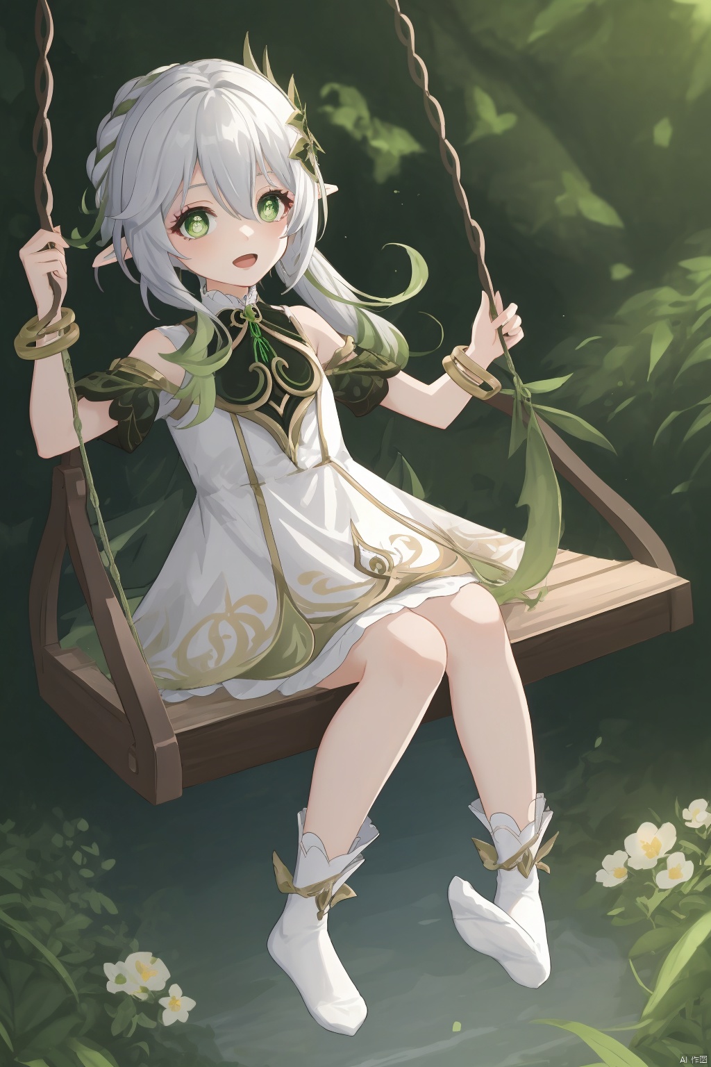 nahida, 1girl, nahida \(genshin impact\), stirrup legwear, green eyes, solo, smile, long hair, gradient hair, toeless legwear, dress, swing, pointy ears, side ponytail, :d, white dress, hair ornament, symbol-shaped pupils, white hair, bangs, detached sleeves, toes, multicolored hair, sidelocks, hair between eyes, flower, jewelry, bracelet, short sleeves, feet, nature, no shoes, soles, looking at viewer, socks, forest, open mouth, bloomers, depth of field, blurry, white socks, full body, sitting, cape, braid, underwear