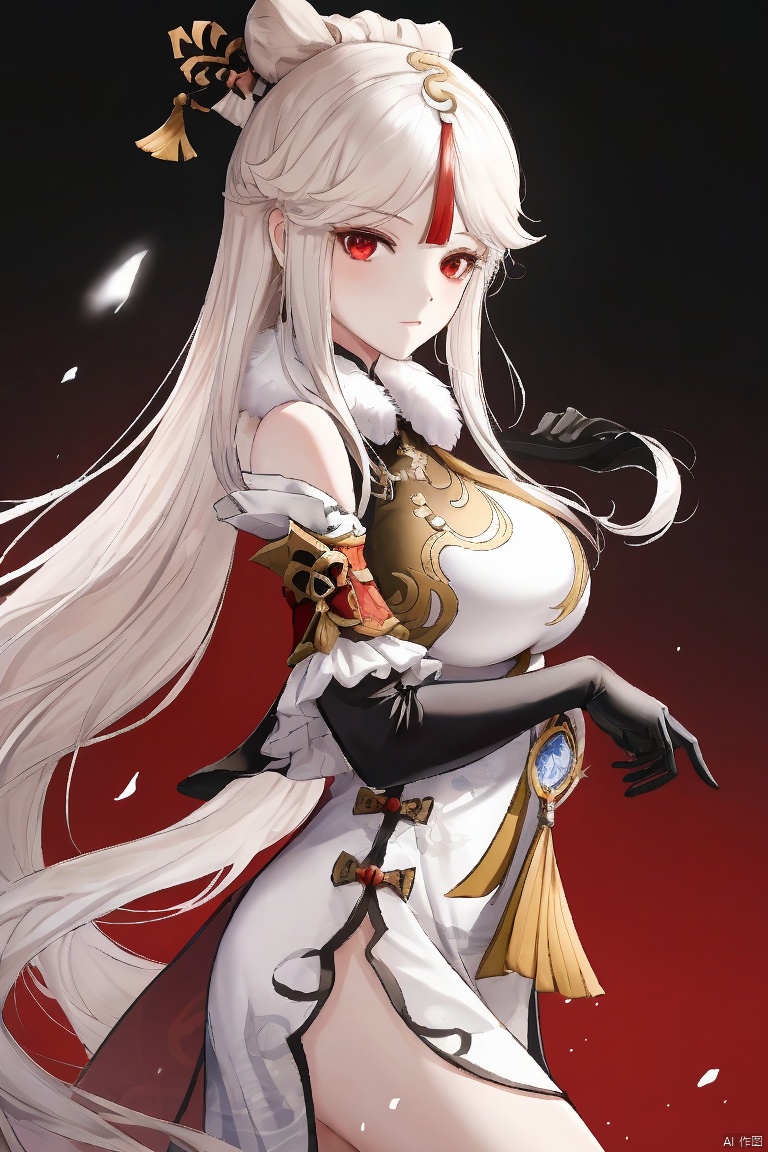  ningguang, masterpiece,best quality,1girl, solo, long hair, breasts, looking at viewer, bangs, large breasts, hair ornament, red eyes, gloves, dress, bare shoulders, white hair, sidelocks, detached sleeves, elbow gloves, from side, parted bangs, chinese clothes, china dress, fur collar, hairpin, ningguang \(genshin impact\)