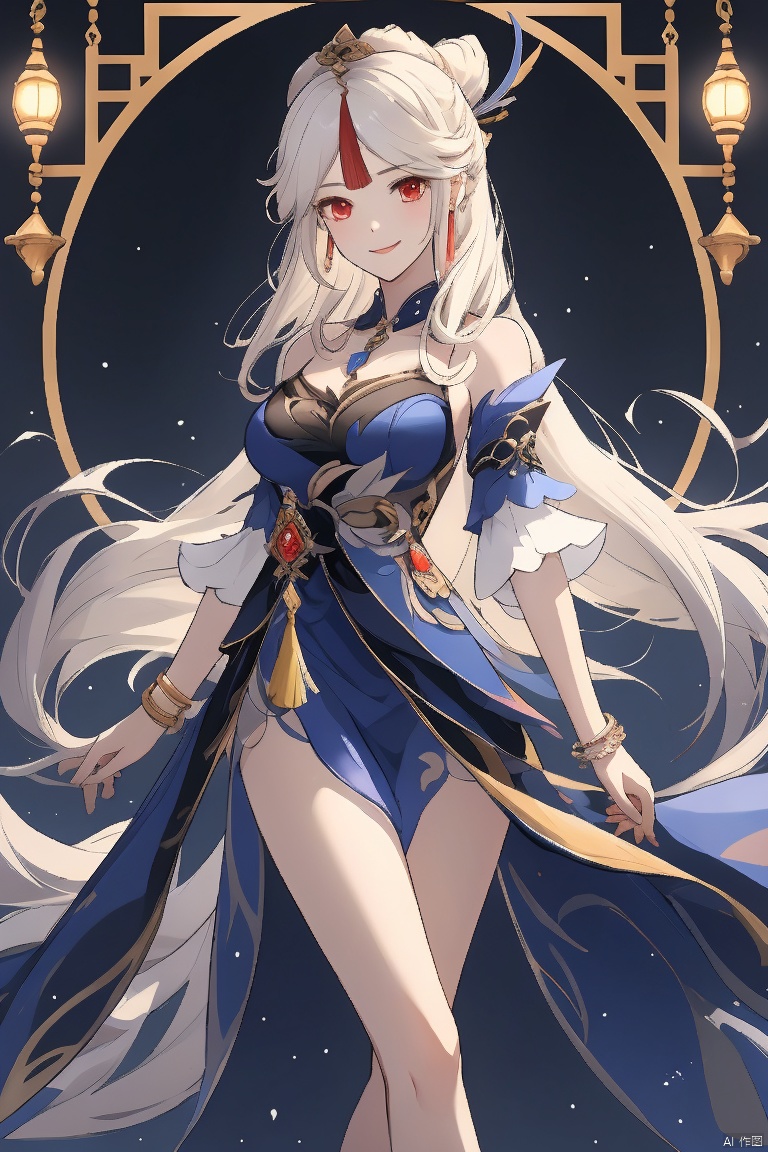 ningguang, 1girl, ningguang \(genshin impact\), long hair, solo, official alternate costume, dress, breasts, vision \(genshin impact\), tassel hair ornament, hair ornament, red eyes, looking at viewer, blue dress, jewelry, bangs, bare shoulders, smile, tassel, very long hair, high heels, parted bangs, bracelet, closed mouth, white hair, half updo, detached sleeves, medium breasts, bare legs, gem, multicolored clothes, thighs
