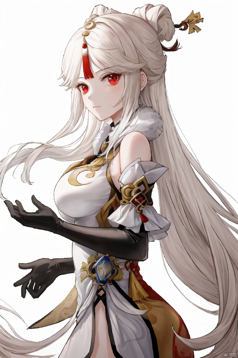  ningguang, masterpiece,best quality,1girl, solo, long hair, breasts, looking at viewer, bangs, large breasts, hair ornament, red eyes, gloves, dress, bare shoulders, white hair, sidelocks, detached sleeves, elbow gloves, from side, parted bangs, chinese clothes, china dress, fur collar, hairpin, ningguang \(genshin impact\)