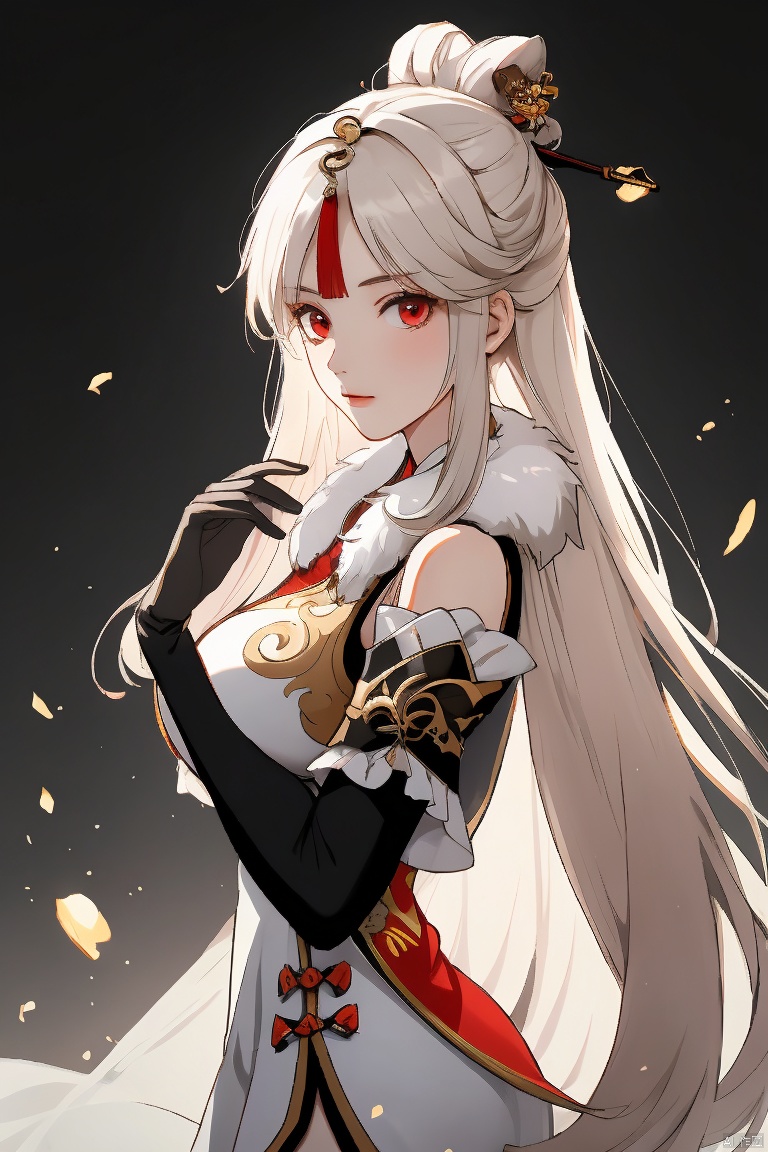 ningguang, masterpiece,best quality,1girl, solo, long hair, breasts, looking at viewer, bangs, large breasts, hair ornament, red eyes, gloves, dress, bare shoulders, white hair, sidelocks, detached sleeves, elbow gloves, from side, parted bangs, chinese clothes, china dress, fur collar, hairpin, ningguang \(genshin impact\)