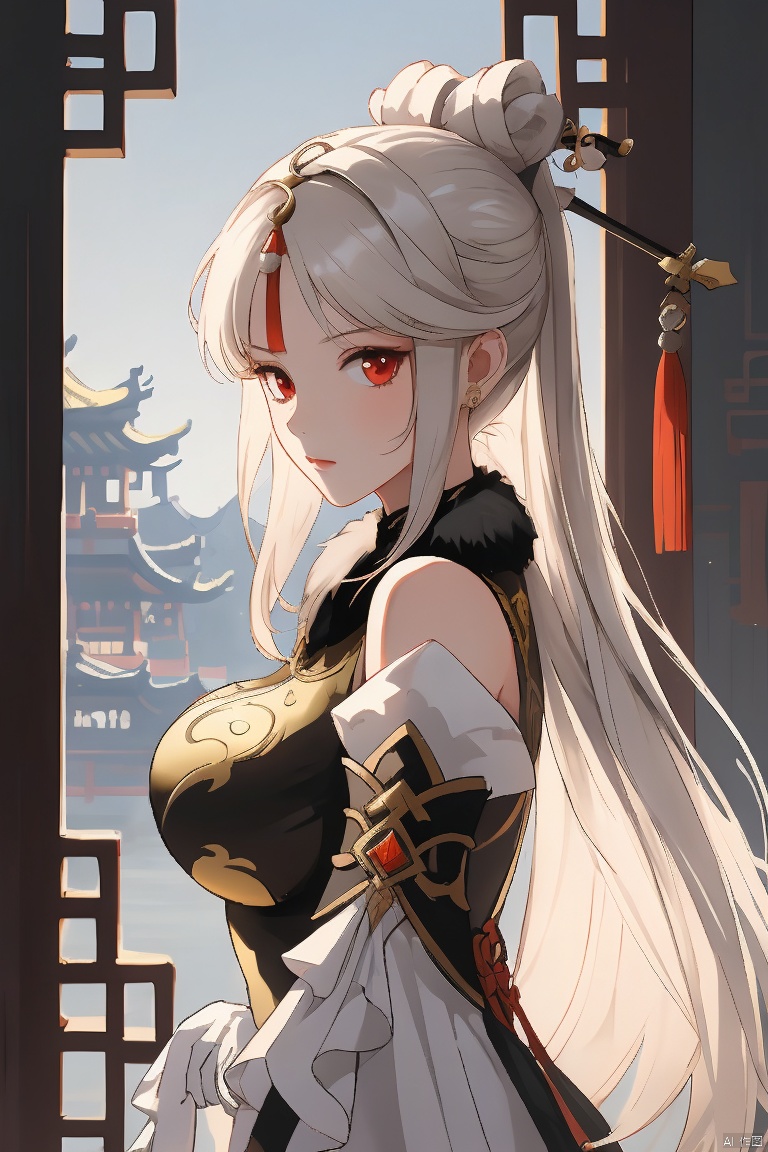 ningguang, masterpiece,best quality,1girl, solo, long hair, breasts, looking at viewer, bangs, large breasts, hair ornament, red eyes, gloves, dress, bare shoulders, white hair, sidelocks, detached sleeves, elbow gloves, from side, parted bangs, chinese clothes, china dress, fur collar, hairpin, ningguang \(genshin impact\)