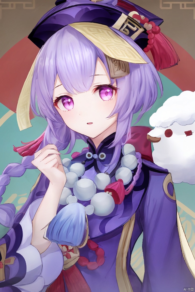  masterpiece,best quality,1girl, solo, long hair, looking at viewer, bangs, hair ornament, long sleeves, hat, dress, jewelry, purple eyes, upper body, purple hair, braid, horns, necklace, beads, ofuda, jiangshi, bead necklace, sheep, qing guanmao, coin hair ornament, qiqi \(genshin impact\)