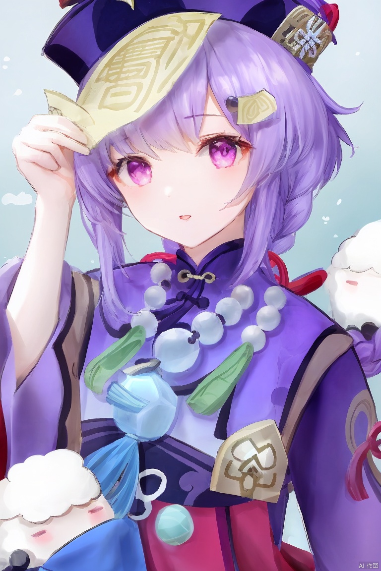  masterpiece,best quality,1girl, solo, long hair, looking at viewer, bangs, hair ornament, long sleeves, hat, dress, jewelry, purple eyes, upper body, purple hair, braid, horns, necklace, beads, ofuda, jiangshi, bead necklace, sheep, qing guanmao, coin hair ornament, qiqi \(genshin impact\)