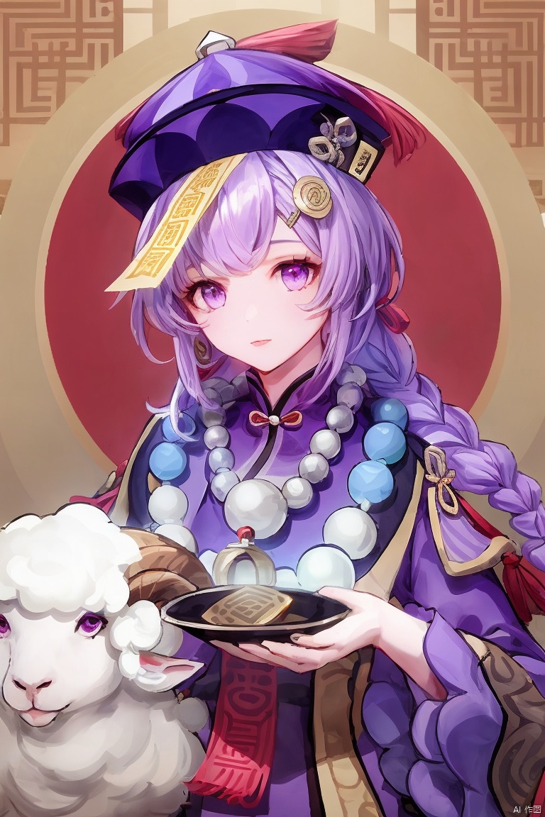  masterpiece,best quality,1girl, solo, long hair, looking at viewer, bangs, hair ornament, long sleeves, hat, dress, jewelry, purple eyes, upper body, purple hair, braid, horns, necklace, beads, ofuda, jiangshi, bead necklace, sheep, qing guanmao, coin hair ornament, qiqi \(genshin impact\)