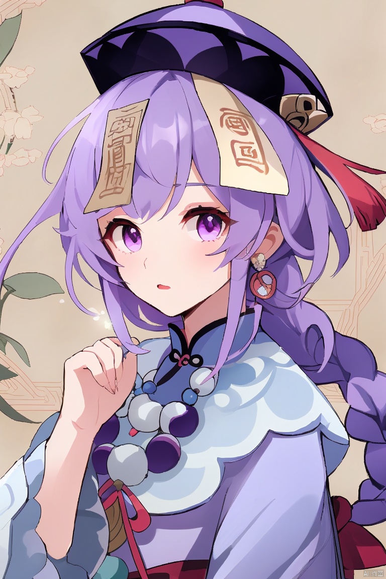  masterpiece,best quality,1girl, solo, long hair, looking at viewer, bangs, hair ornament, long sleeves, hat, dress, jewelry, purple eyes, upper body, purple hair, braid, horns, necklace, beads, ofuda, jiangshi, bead necklace, sheep, qing guanmao, coin hair ornament, qiqi \(genshin impact\)