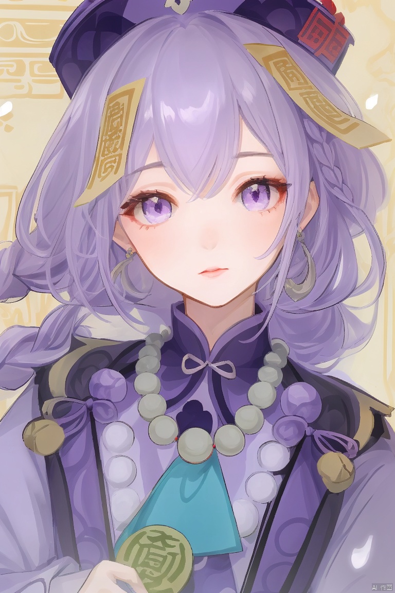  masterpiece,best quality,1girl, solo, long hair, looking at viewer, bangs, hair ornament, long sleeves, hat, dress, jewelry, purple eyes, upper body, purple hair, braid, horns, necklace, beads, ofuda, jiangshi, bead necklace, sheep, qing guanmao, coin hair ornament, qiqi \(genshin impact\)