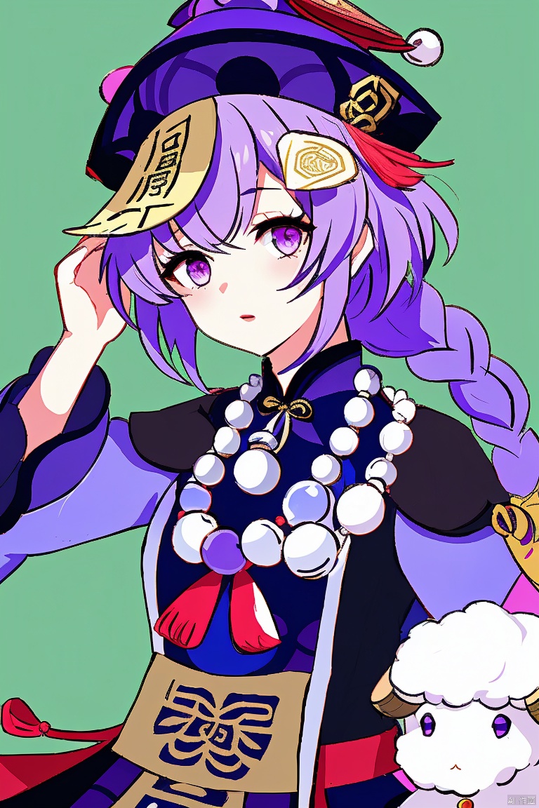  masterpiece,best quality,1girl, solo, long hair, looking at viewer, bangs, hair ornament, long sleeves, hat, dress, jewelry, purple eyes, upper body, purple hair, braid, horns, necklace, beads, ofuda, jiangshi, bead necklace, sheep, qing guanmao, coin hair ornament, qiqi \(genshin impact\)