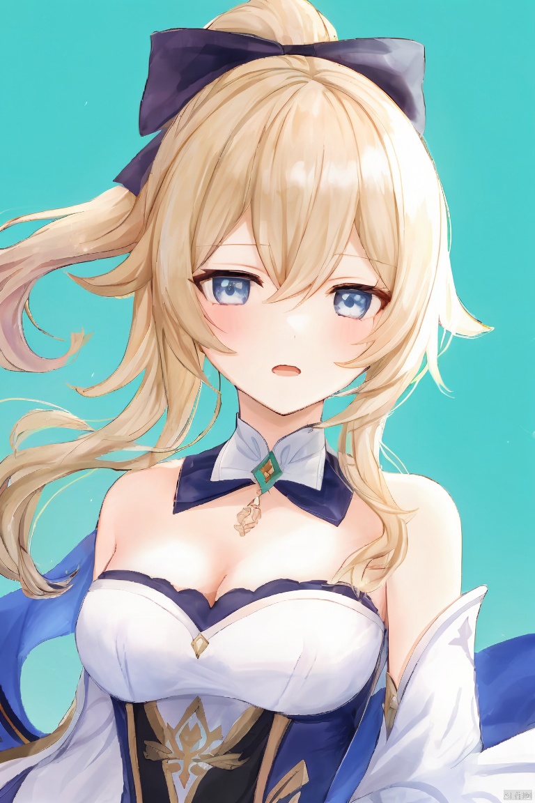  masterpiece,best quality,1girl, solo, long hair, breasts, looking at viewer, blush, open mouth, bangs, blue eyes, blonde hair, bow, cleavage, hair between eyes, bare shoulders, medium breasts, upper body, ponytail, hair bow, sidelocks, sleeveless, bare arms, strapless, black bow, detached collar, index fingers together, jean \(genshin impact\)