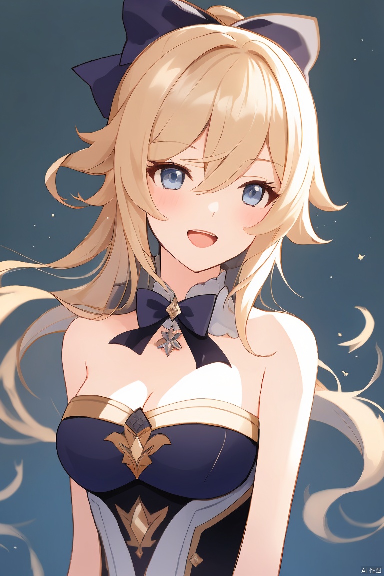  masterpiece,best quality,1girl, solo, long hair, breasts, looking at viewer, blush, open mouth, bangs, blue eyes, blonde hair, bow, cleavage, hair between eyes, bare shoulders, medium breasts, upper body, ponytail, hair bow, sidelocks, sleeveless, bare arms, strapless, black bow, detached collar, index fingers together, jean \(genshin impact\)