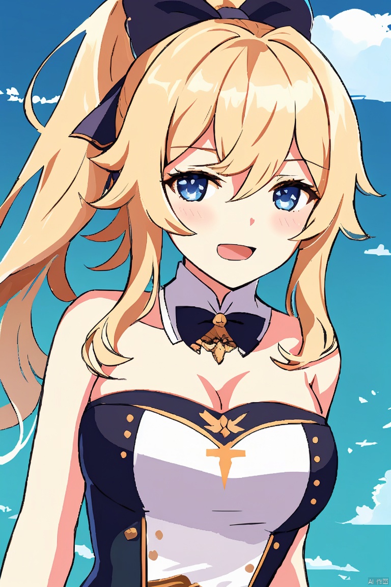  masterpiece,best quality,1girl, solo, long hair, breasts, looking at viewer, blush, open mouth, bangs, blue eyes, blonde hair, bow, cleavage, hair between eyes, bare shoulders, medium breasts, upper body, ponytail, hair bow, sidelocks, sleeveless, bare arms, strapless, black bow, detached collar, index fingers together, jean \(genshin impact\)