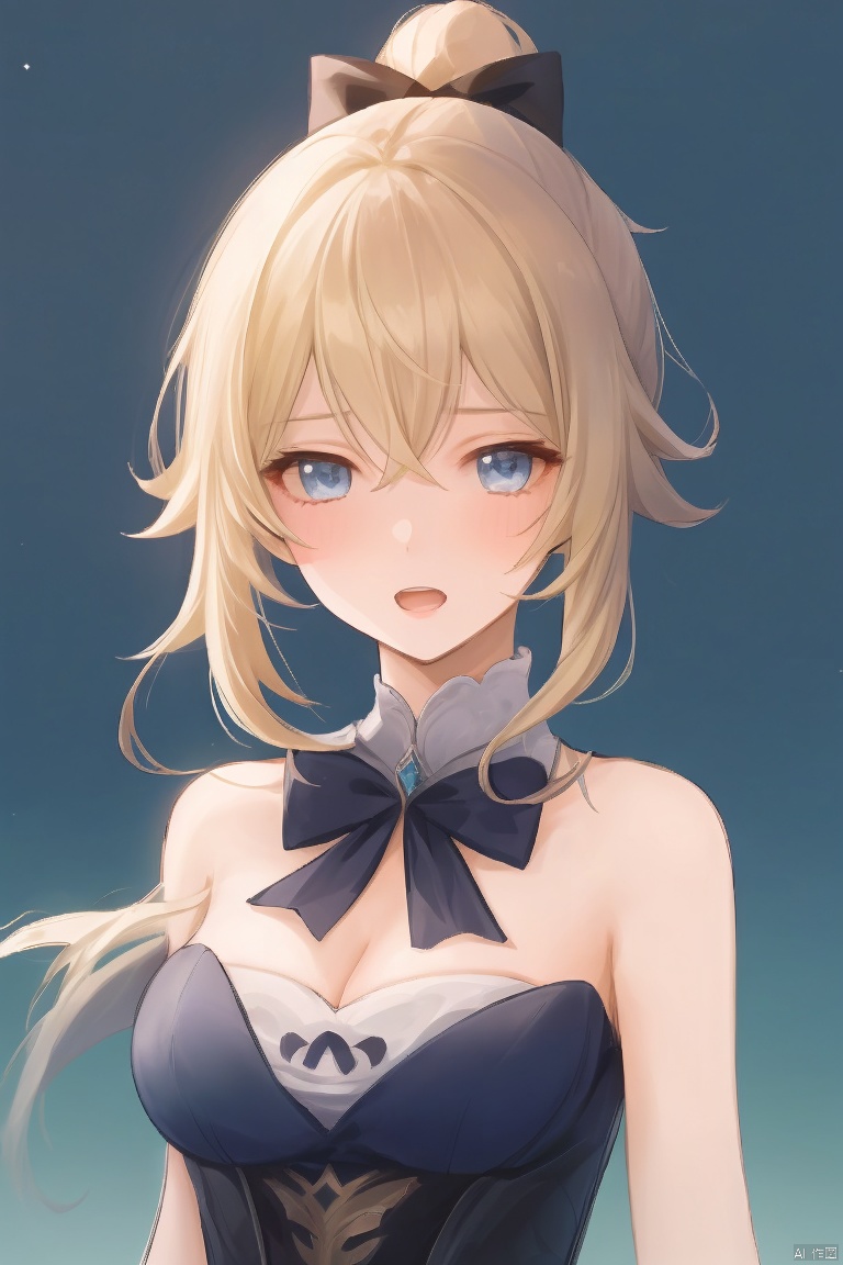  masterpiece,best quality,1girl, solo, long hair, breasts, looking at viewer, blush, open mouth, bangs, blue eyes, blonde hair, bow, cleavage, hair between eyes, bare shoulders, medium breasts, upper body, ponytail, hair bow, sidelocks, sleeveless, bare arms, strapless, black bow, detached collar, index fingers together, jean \(genshin impact\)