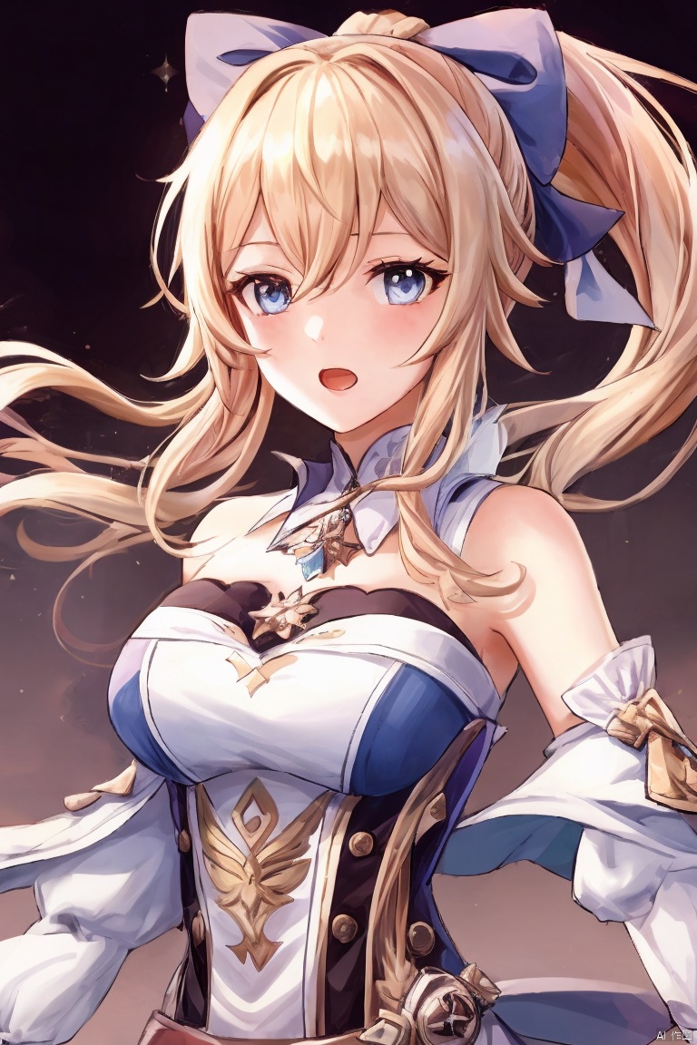  masterpiece,best quality,1girl, solo, long hair, breasts, looking at viewer, blush, open mouth, bangs, blue eyes, blonde hair, bow, cleavage, hair between eyes, bare shoulders, medium breasts, upper body, ponytail, hair bow, sidelocks, sleeveless, bare arms, strapless, black bow, detached collar, index fingers together, jean \(genshin impact\)