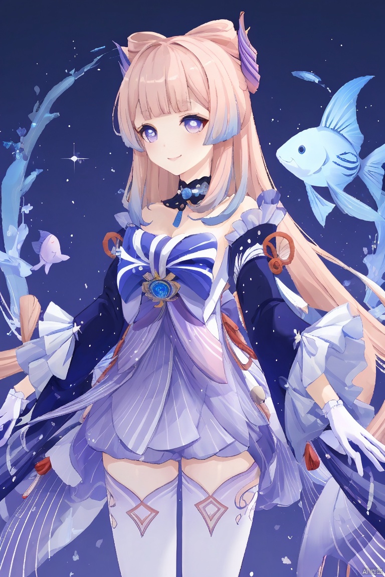  sangonomiya kokomi,masterpiece,best quality,1girl, solo, long hair, smile, bangs, hair ornament, thighhighs, gloves, long sleeves, bow, bare shoulders, purple eyes, pink hair, sidelocks, multicolored hair, frills, detached sleeves, shorts, white gloves, wide sleeves, blunt bangs, gradient hair, frilled sleeves, fish, vision \(genshin impact\), half gloves, bow-shaped hair, sangonomiya kokomi
