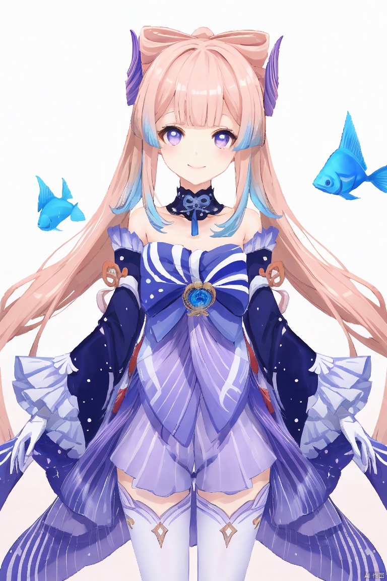   sangonomiya kokomi,masterpiece,best quality,1girl, solo, long hair, smile, bangs, hair ornament, thighhighs, gloves, long sleeves, bow, bare shoulders, purple eyes, pink hair, sidelocks, multicolored hair, frills, detached sleeves, shorts, white gloves, wide sleeves, blunt bangs, gradient hair, frilled sleeves, fish, vision \(genshin impact\), half gloves, bow-shaped hair, sangonomiya kokomi