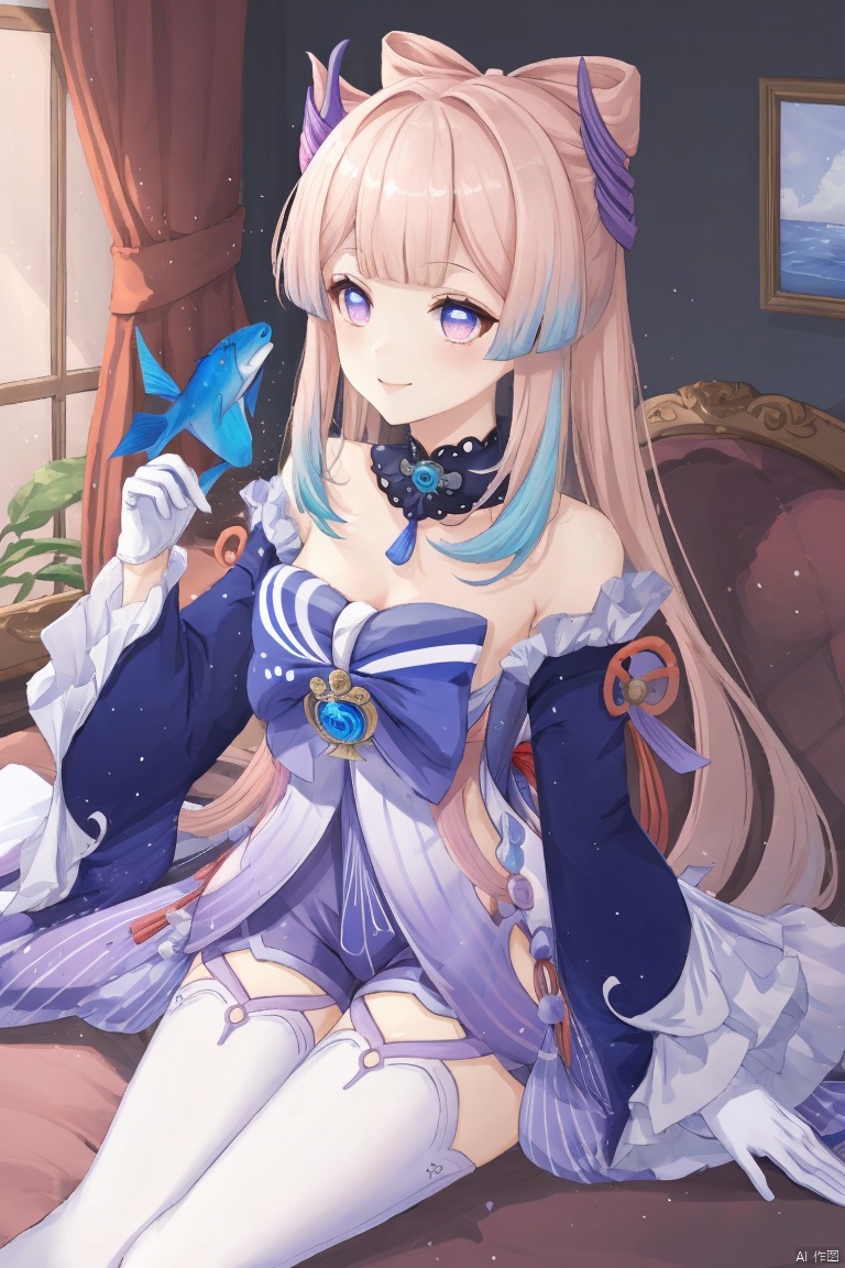   sangonomiya kokomi,masterpiece,best quality,1girl, solo, long hair, smile, bangs, hair ornament, thighhighs, gloves, long sleeves, bow, bare shoulders, purple eyes, pink hair, sidelocks, multicolored hair, frills, detached sleeves, shorts, white gloves, wide sleeves, blunt bangs, gradient hair, frilled sleeves, fish, vision \(genshin impact\), half gloves, bow-shaped hair, sangonomiya kokomi