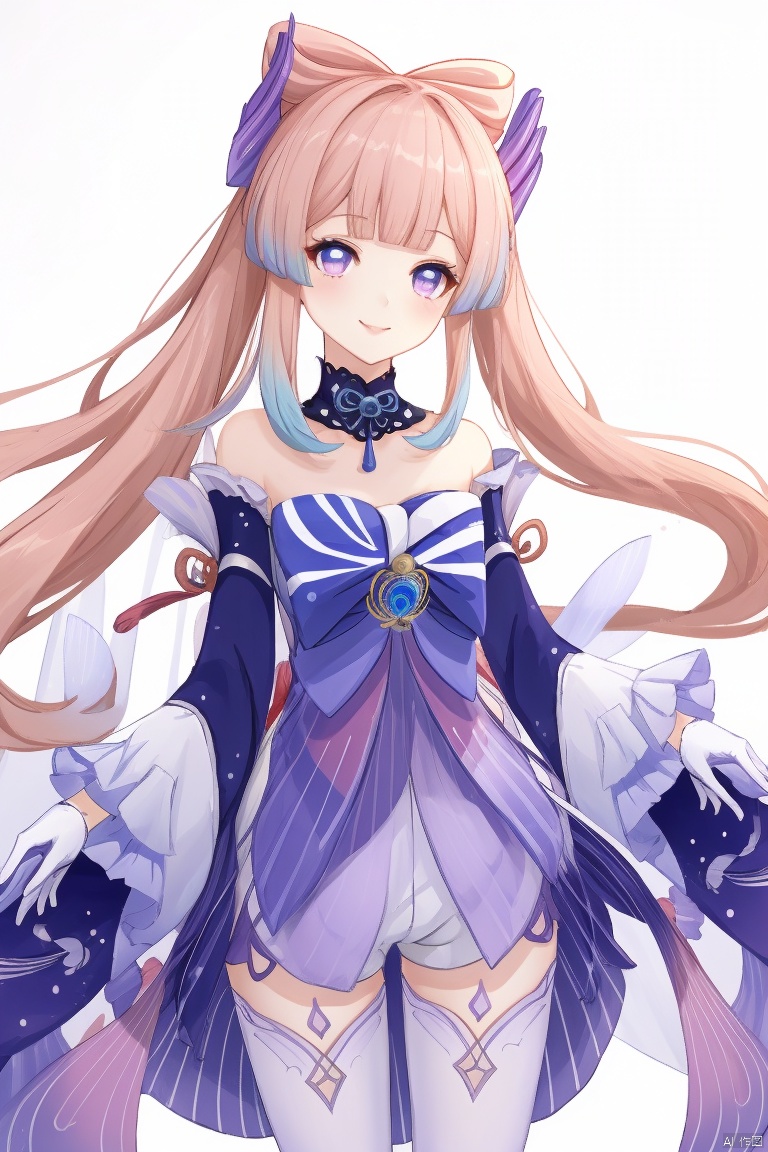 sangonomiya kokomi, masterpiece,best quality,1girl, solo, long hair, smile, bangs, hair ornament, thighhighs, gloves, long sleeves, bow, bare shoulders, purple eyes, pink hair, sidelocks, multicolored hair, frills, detached sleeves, shorts, white gloves, wide sleeves, blunt bangs, gradient hair, frilled sleeves, fish, vision \(genshin impact\), half gloves, bow-shaped hair, 