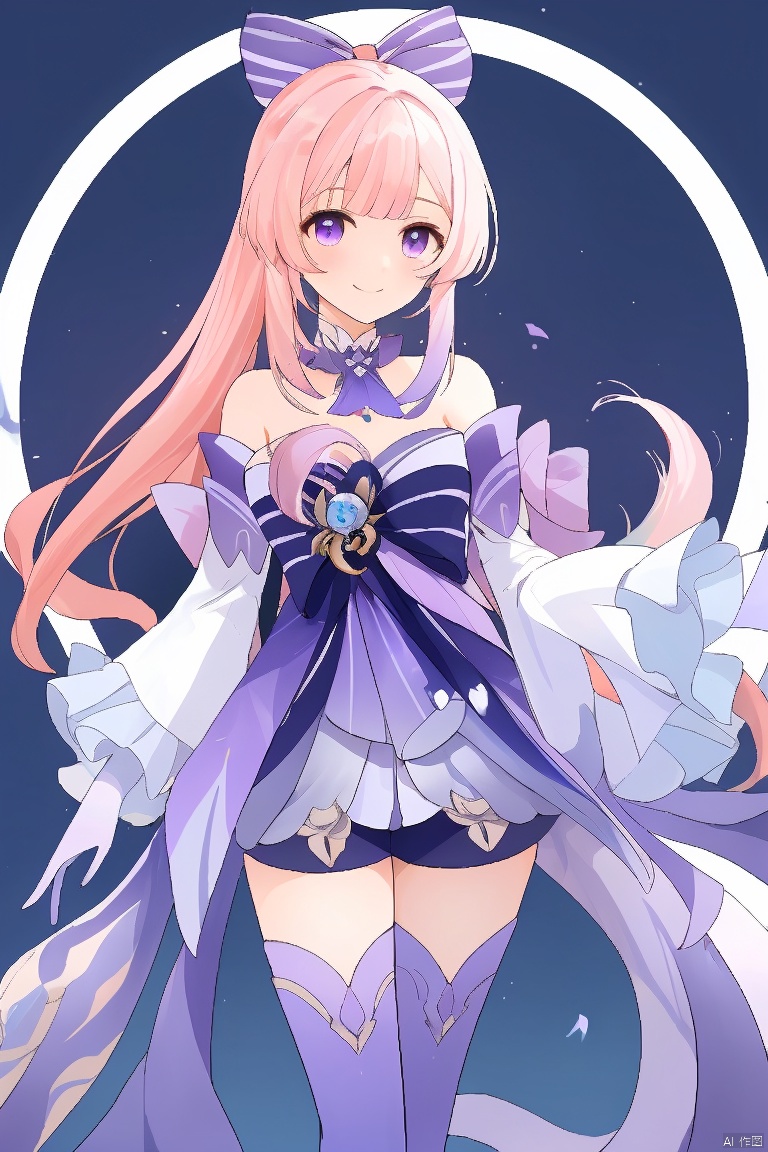  masterpiece,best quality,1girl, solo, long hair, smile, bangs, hair ornament, thighhighs, gloves, long sleeves, bow, bare shoulders, purple eyes, pink hair, sidelocks, multicolored hair, frills, detached sleeves, shorts, white gloves, wide sleeves, blunt bangs, gradient hair, frilled sleeves, fish, vision \(genshin impact\), half gloves, bow-shaped hair, sangonomiya kokomi